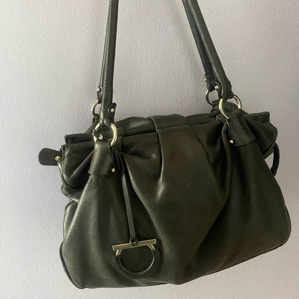 Salvatore Ferragamo Dark Green Leather Shoulder Bag with Gold Hardware